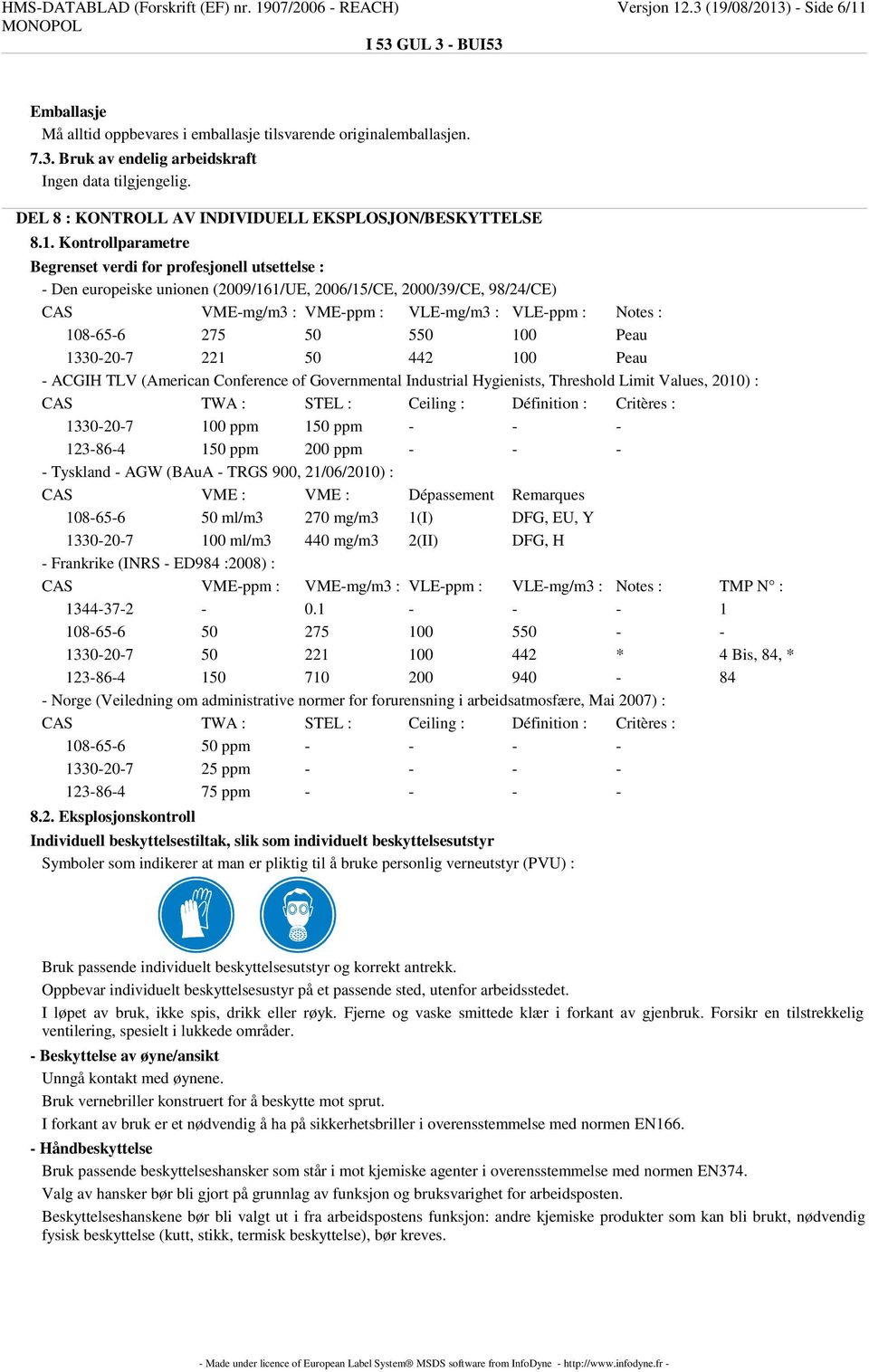 108-65-6 275 50 550 100 Peau 1330-20-7 221 50 442 100 Peau - ACGIH TLV (American Conference of Governmental Industrial Hygienists, Threshold Limit Values, 2010) : CAS TWA : STEL : Ceiling :