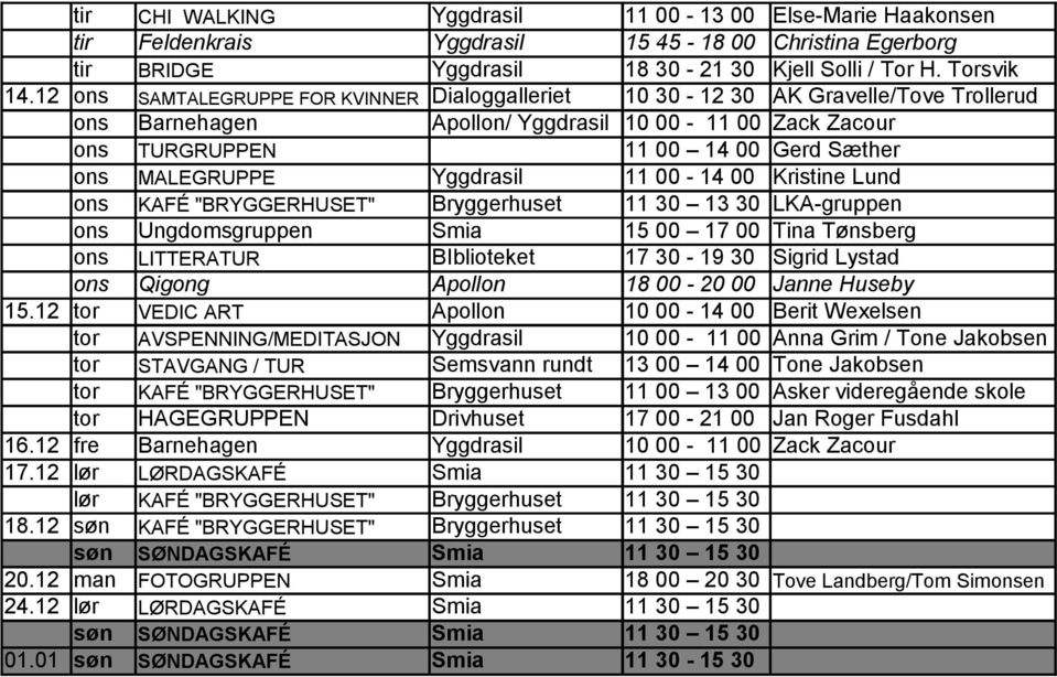 Yggdrasil 11 00-14 00 Kristine Lund ons KAFÉ "BRYGGERHUSET" Bryggerhuset 11 30 13 30 LKA-gruppen ons LITTERATUR BIblioteket 17 30-19 30 Sigrid Lystad Apollon 18 00-20 00 Janne Huseby 15.