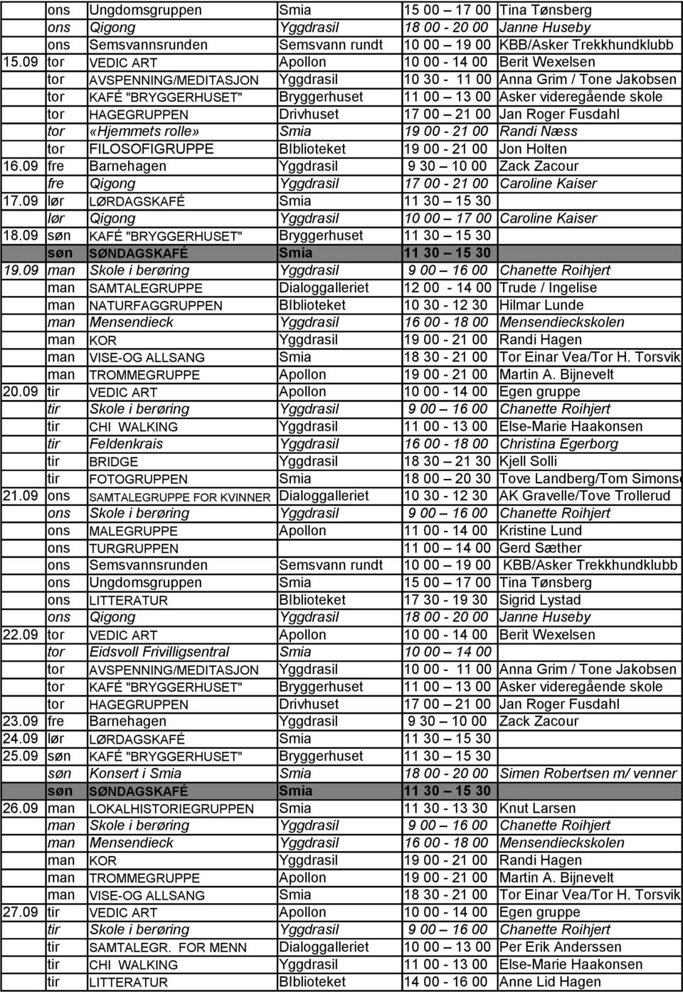 rolle» Smia 19 00-21 00 Randi Næss tor FILOSOFIGRUPPE BIblioteket 19 00-21 00 Jon Holten 16.09 fre Barnehagen Yggdrasil 9 30 10 00 Zack Zacour fre Qigong Yggdrasil 17 00-21 00 Caroline Kaiser 17.
