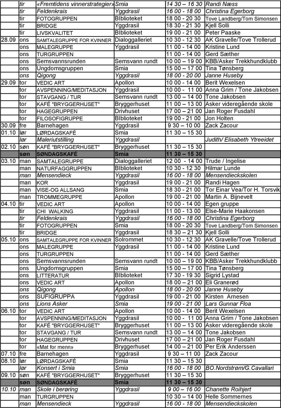 09 ons SAMTALEGRUPPE FOR KVINNER Dialoggalleriet 10 30-12 30 AK Gravelle/Tove Trollerud ons MALEGRUPPE Yggdrasil 11 00-14 00 Kristine Lund ons TURGRUPPEN 11 00-14 00 Gerd Sæther ons Semsvannsrunden