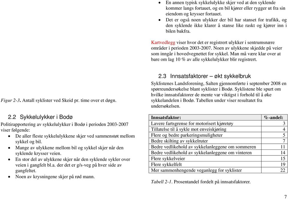 Kartvedlegg viser hvor det er registrert ulykker i sentrumsnære områder i perioden 2003-2007. Noen av ulykkene skjedde på veier som inngår i hovedvegnettet for sykkel.