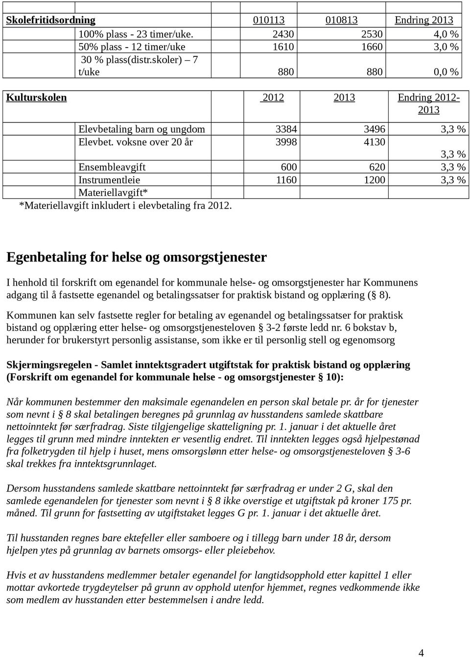 voksne over 20 år 3998 4130 3,3 % Ensembleavgift 600 620 3,3 % Instrumentleie 1160 1200 3,3 % Materiellavgift* *Materiellavgift inkludert i elevbetaling fra 2012.