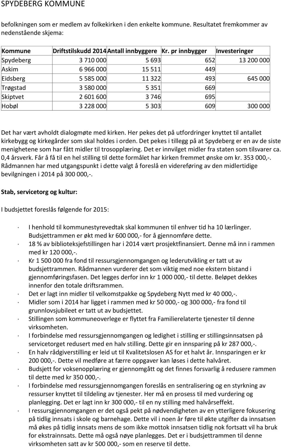 228 000 5 303 609 300 000 Det har vært avholdt dialogmøte med kirken. Her pekes det på utfordringer knyttet til antallet kirkebygg og kirkegårder som skal holdes i orden.