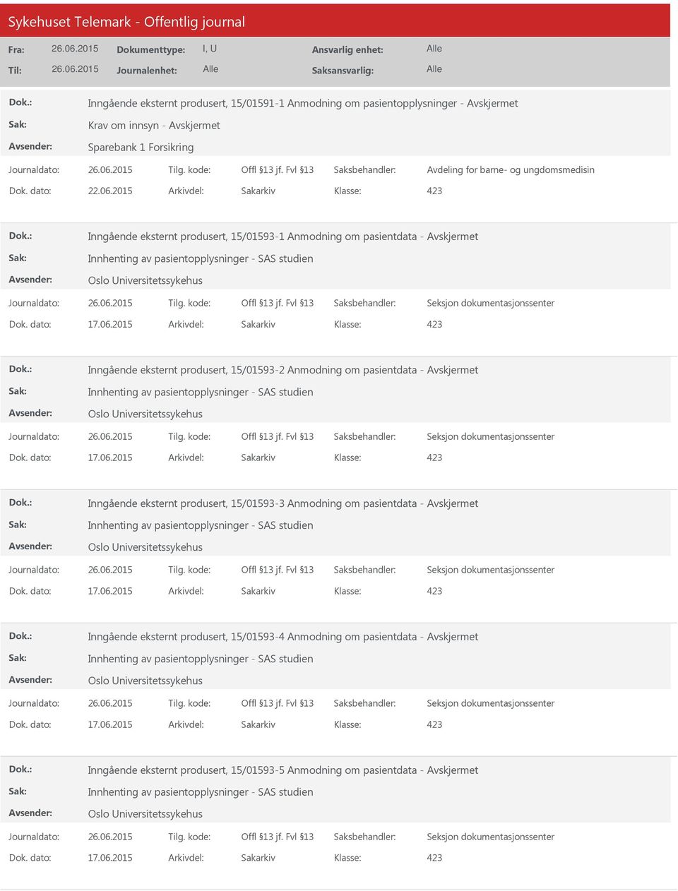 eksternt produsert, 15/01593-2 Anmodning om pasientdata - Inngående eksternt produsert, 15/01593-3 Anmodning om pasientdata