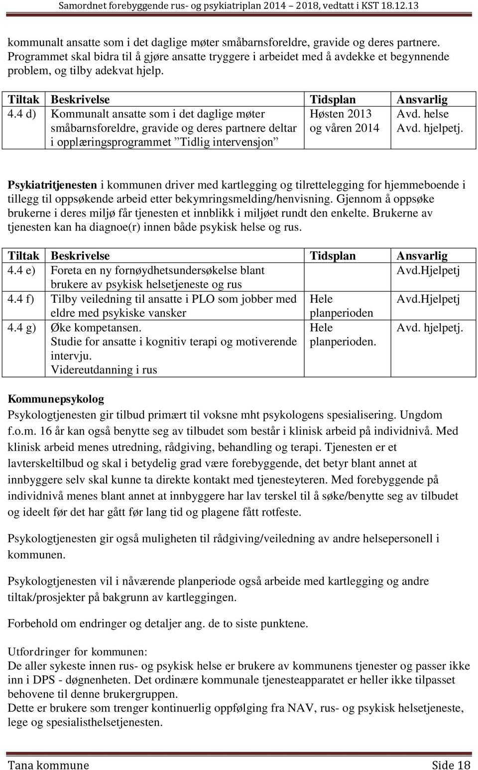 4 d) Kommunalt ansatte som i det daglige møter småbarnsforeldre, gravide og deres partnere deltar i opplæringsprogrammet Tidlig intervensjon Høsten 2013 og våren 2014 Avd. helse Avd. hjelpetj.