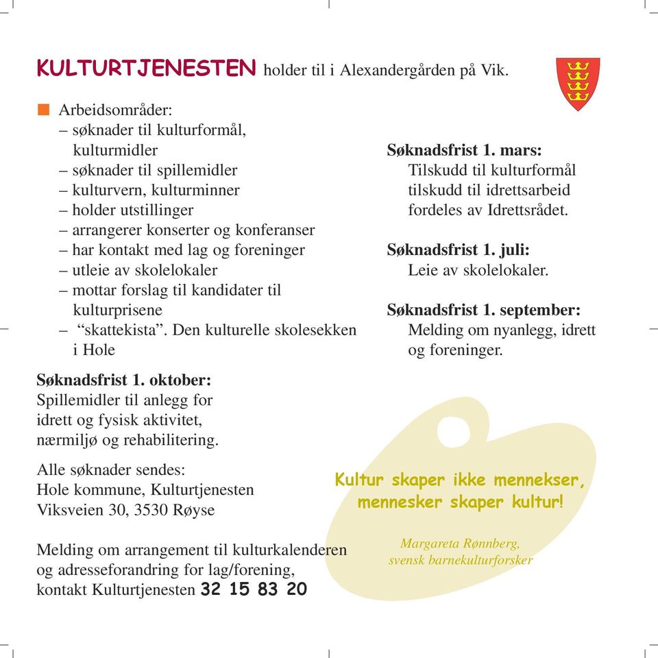 arrangerer konserter og konferanser har kontakt med lag og foreninger Søknadsfrist 1. juli: utleie av skolelokaler Leie av skolelokaler. mottar forslag til kandidater til kulturprisene Søknadsfrist 1.