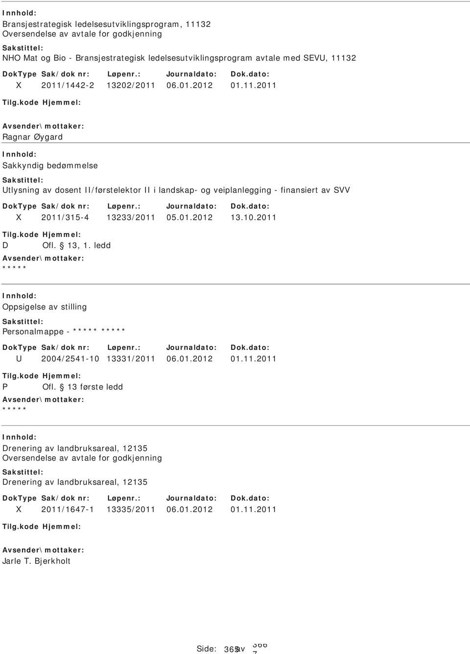 01.2012 13.10.2011 D Ofl. 13, 1. ledd Oppsigelse av stilling ersonalmappe - 2004/2541-10 13331/2011 06.01.2012 01.11.2011 Drenering av landbruksareal, 12135 Oversendelse av avtale for godkjenning Drenering av landbruksareal, 12135 2011/164-1 13335/2011 06.