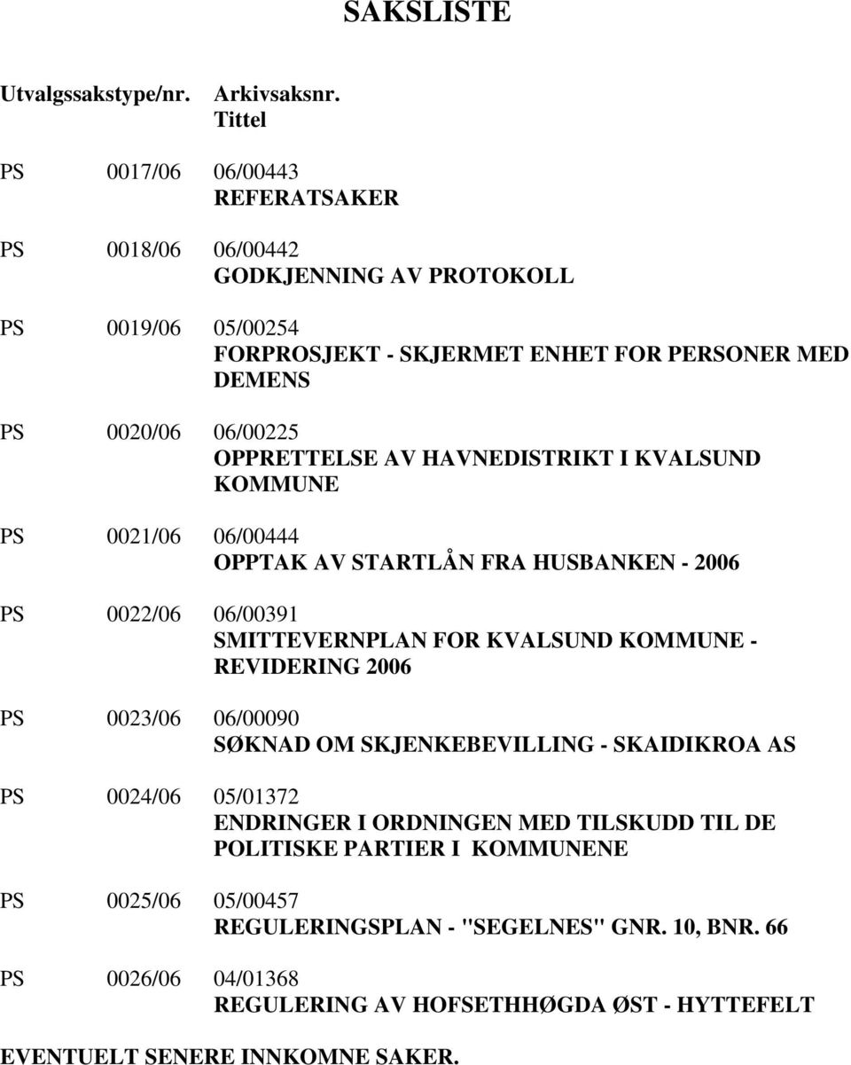 OPPRETTELSE AV HAVNEDISTRIKT I KVALSUND KOMMUNE PS 0021/06 06/00444 OPPTAK AV STARTLÅN FRA HUSBANKEN - 2006 PS 0022/06 06/00391 SMITTEVERNPLAN FOR KVALSUND KOMMUNE - REVIDERING