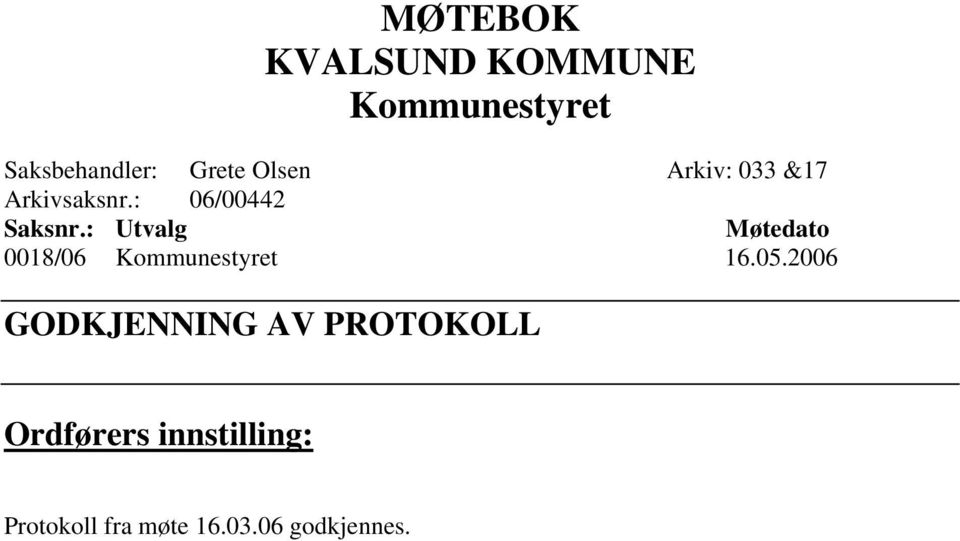 : Utvalg Møtedato 0018/06 Kommunestyret 16.05.