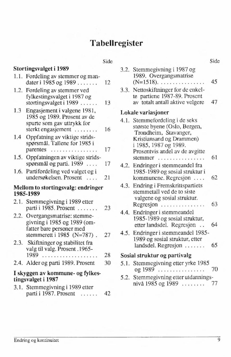 1989.... 17 1.6. Partifordeling ved valget og i undersøkelsen. Prosent.... 21 Mellom to stortingsvalg: endringer 1985-1989 2.1. Stemmegivning i 1989 etter parti i 1985. Prosent 23 2.2. Overgangsmatrise: stemmegivning i 1985 og 1989 (omfatter bare personer med stemmerett i 1985 (N=787).