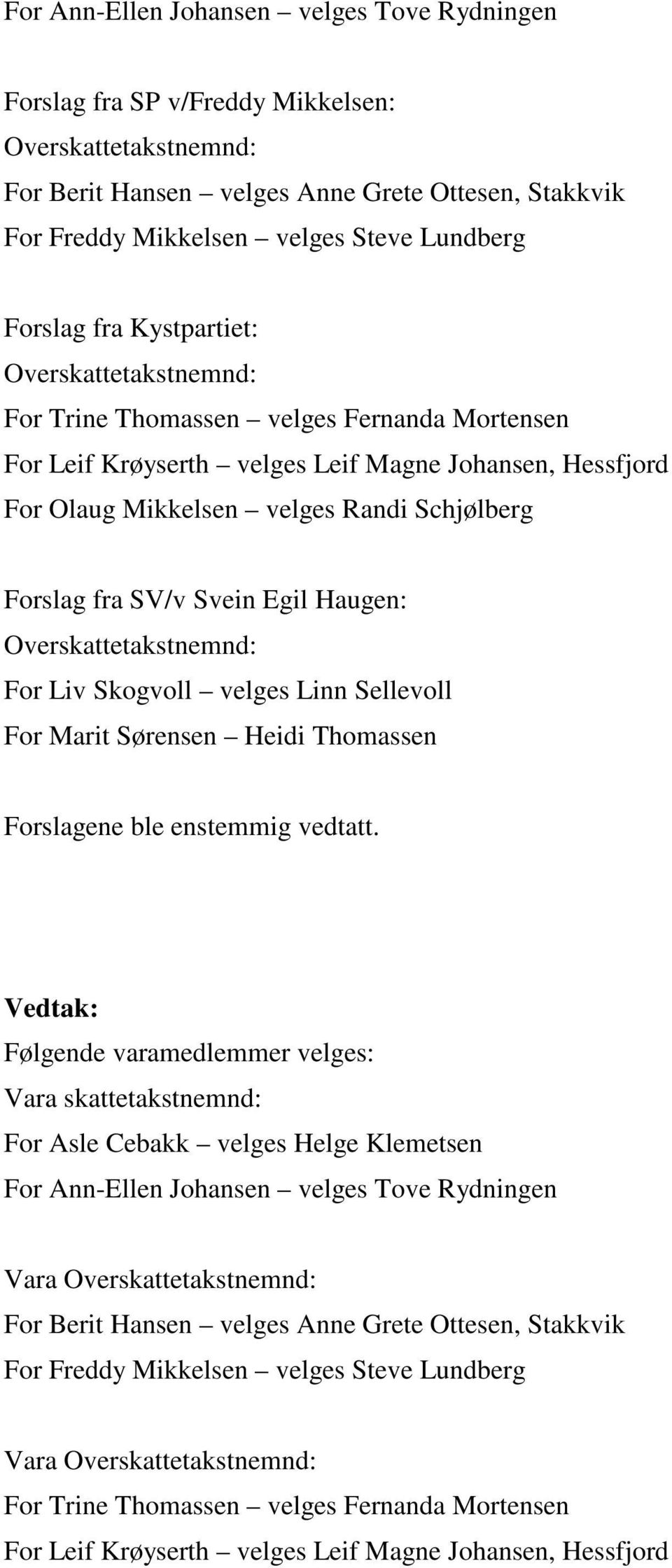 Forslag fra SV/v Svein Egil Haugen: Overskattetakstnemnd: For Liv Skogvoll velges Linn Sellevoll For Marit Sørensen Heidi Thomassen Forslagene ble enstemmig vedtatt.