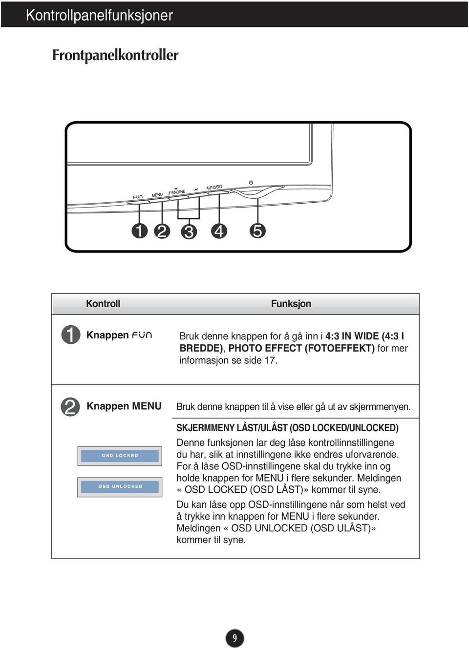 SKJERMMENY LÅST/ULÅST (OSD LOCKED/UNLOCKED) Denne funksjonen lar deg låse kontrollinnstillingene du har, slik at innstillingene ikke endres uforvarende.