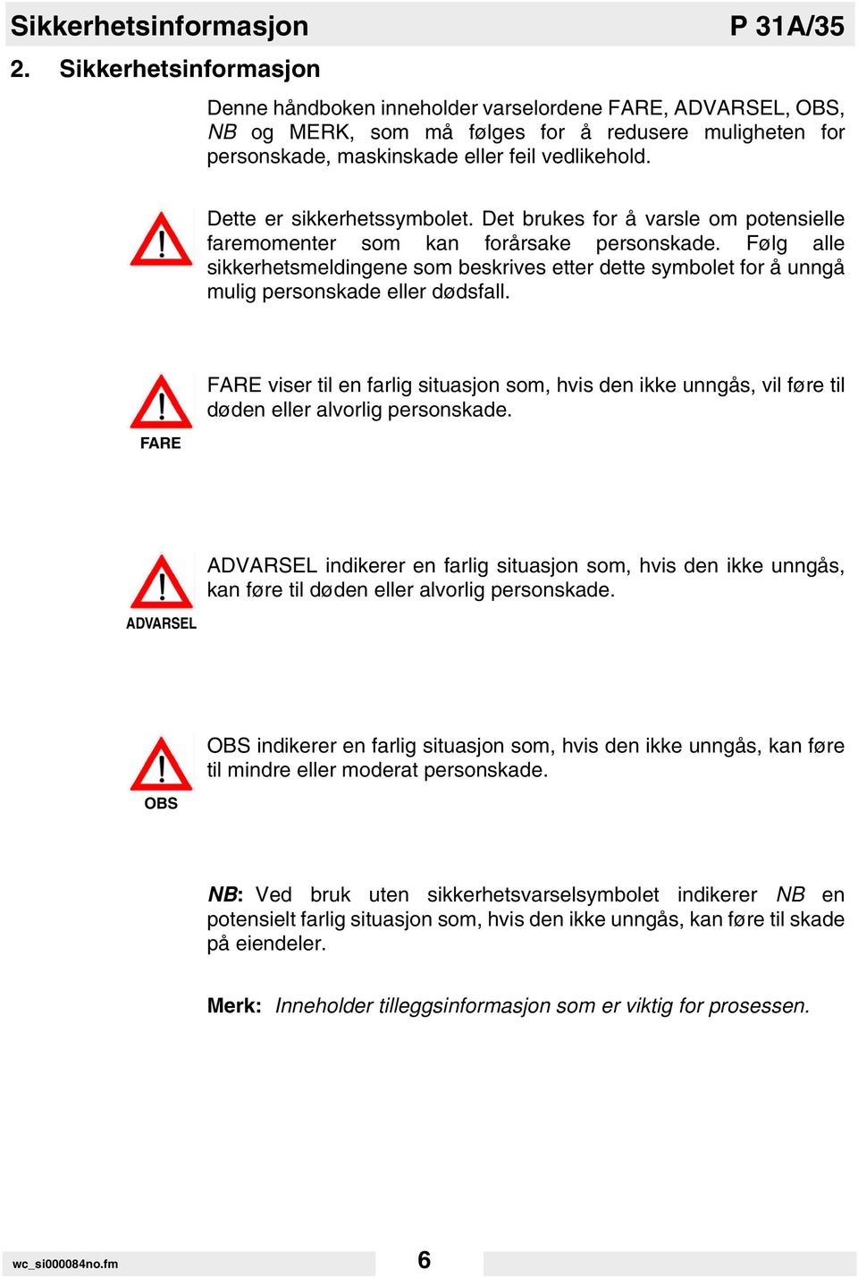 Dette er sikkerhetssymbolet. Det brukes for å varsle om potensielle faremomenter som kan forårsake personskade.