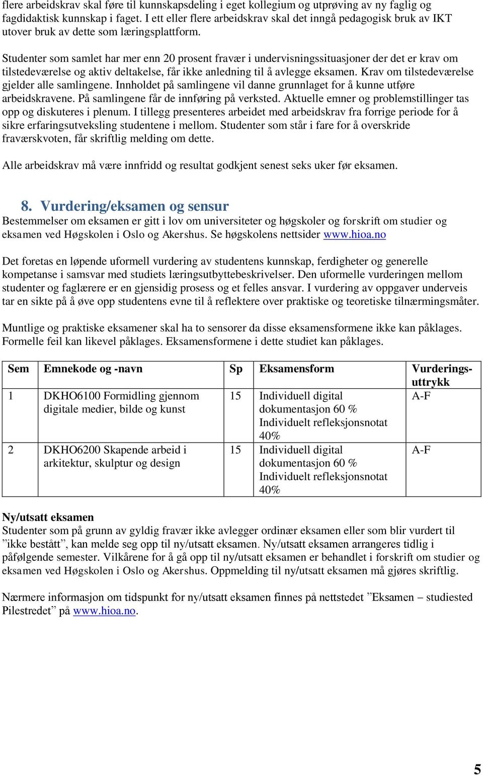 Studenter som samlet har mer enn 20 prosent fravær i undervisningssituasjoner der det er krav om tilstedeværelse og aktiv deltakelse, får ikke anledning til å avlegge eksamen.