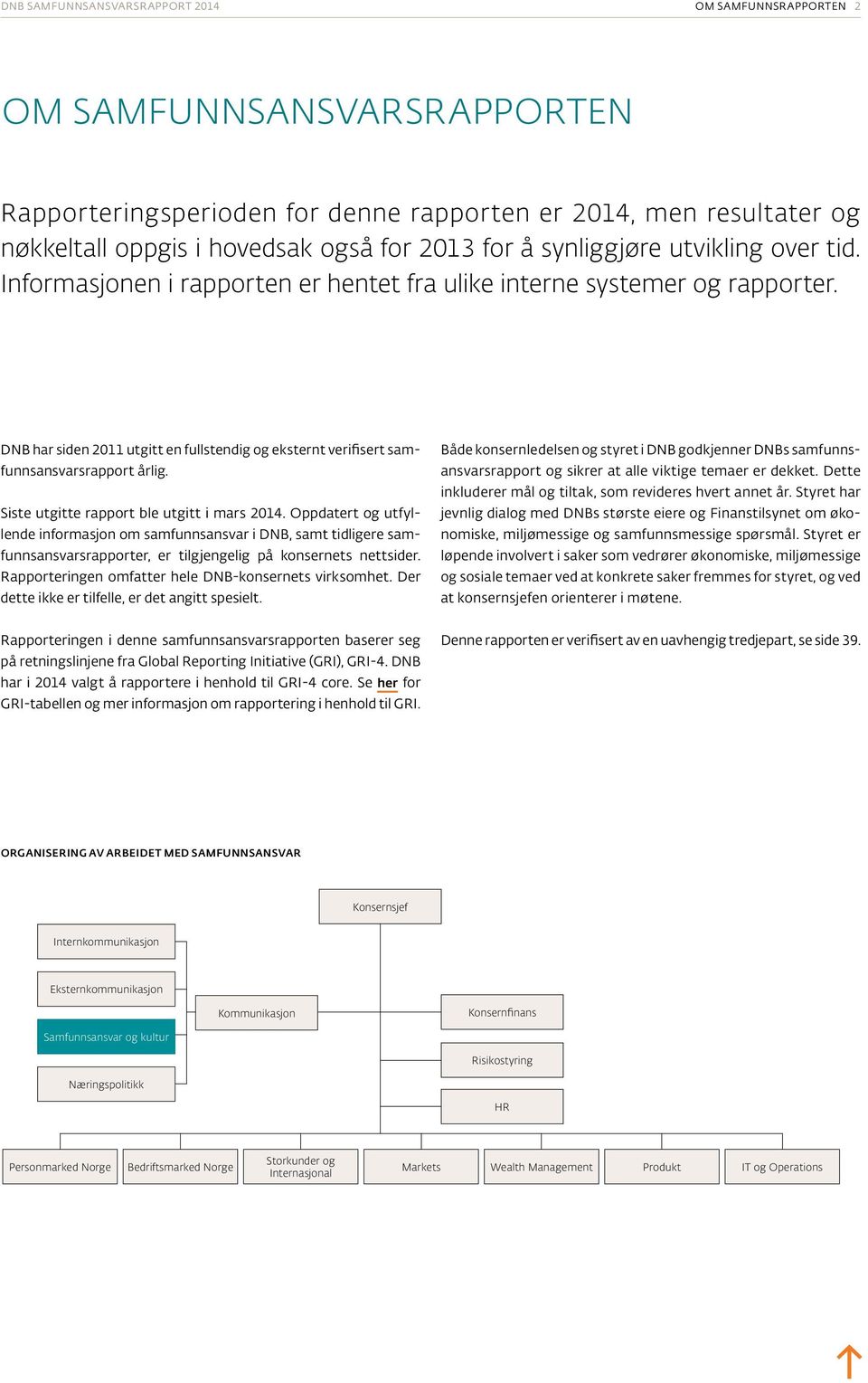 DNB har siden 2011 utgitt en fullstendig og eksternt verifisert samfunnsansvarsrapport årlig. Siste utgitte rapport ble utgitt i mars 2014.