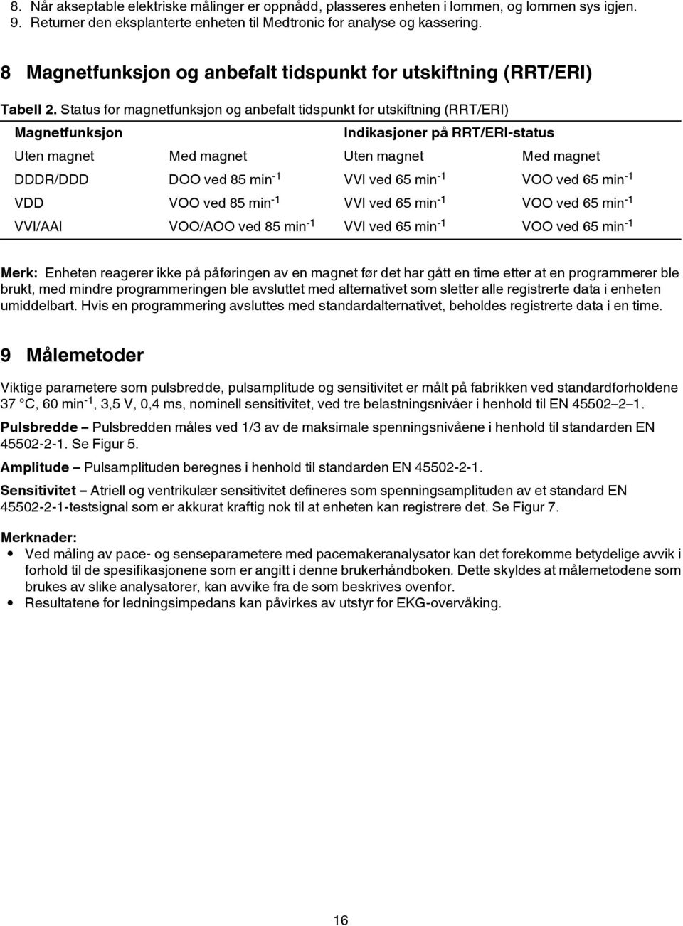 Status for magnetfunksjon og anbefalt tidspunkt for utskiftning (RRT/ERI) Magnetfunksjon Indikasjoner på RRT/ERI-status Uten magnet Med magnet Uten magnet Med magnet DDDR/DDD DOO ved 85 min -1 VVI