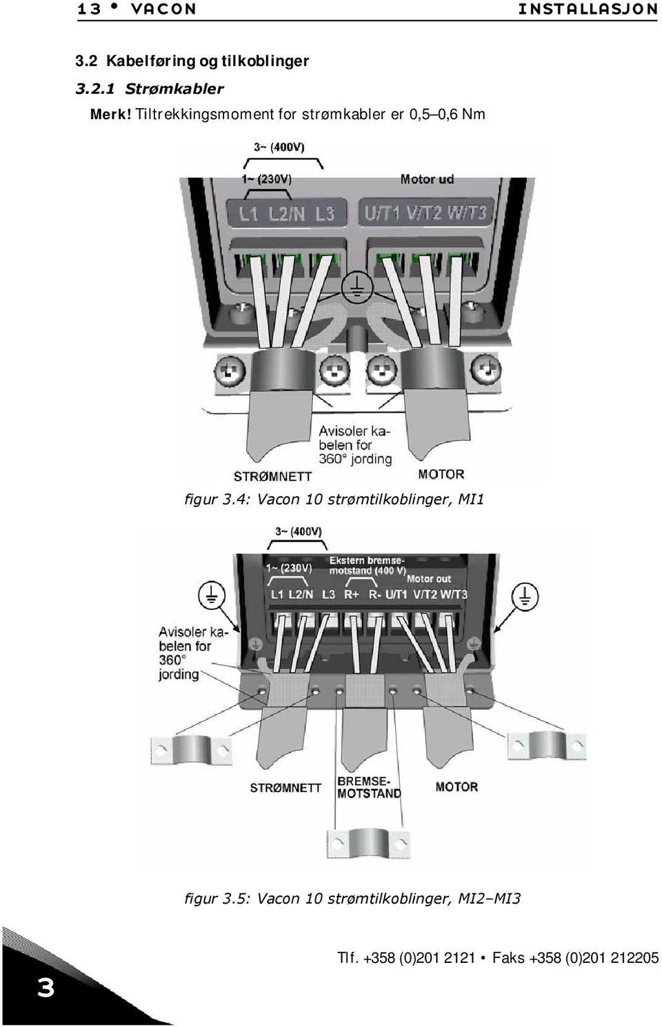 4: Vacon 10 strømtilkoblinger, MI1 figur 3.