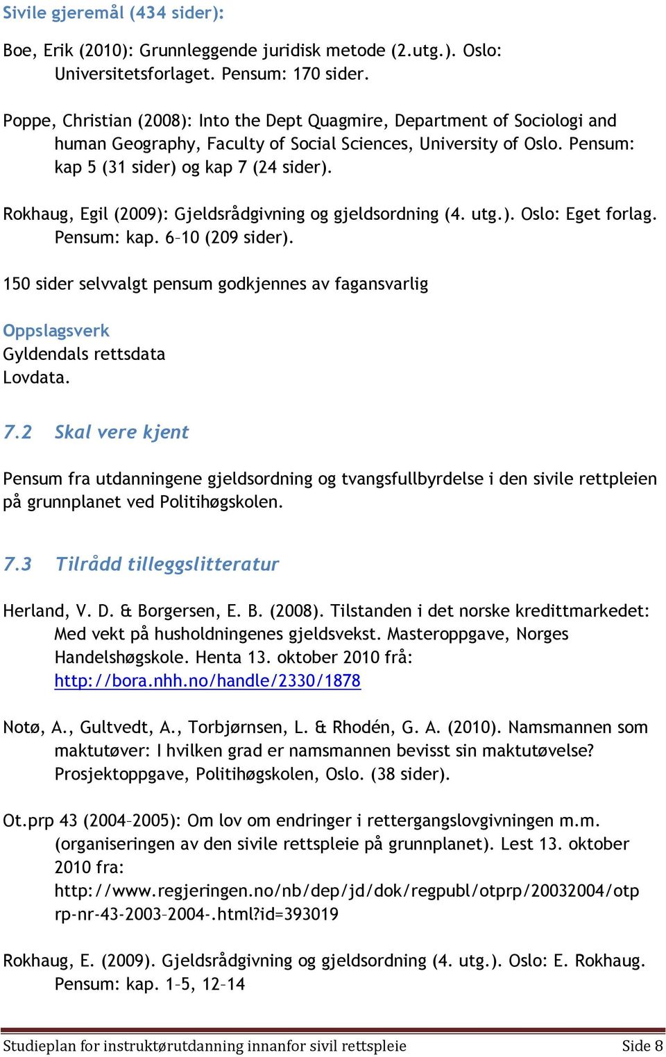 Rokhaug, Egil (2009): Gjeldsrådgivning og gjeldsordning (4. utg.). Oslo: Eget forlag. Pensum: kap. 6 10 (209 sider).