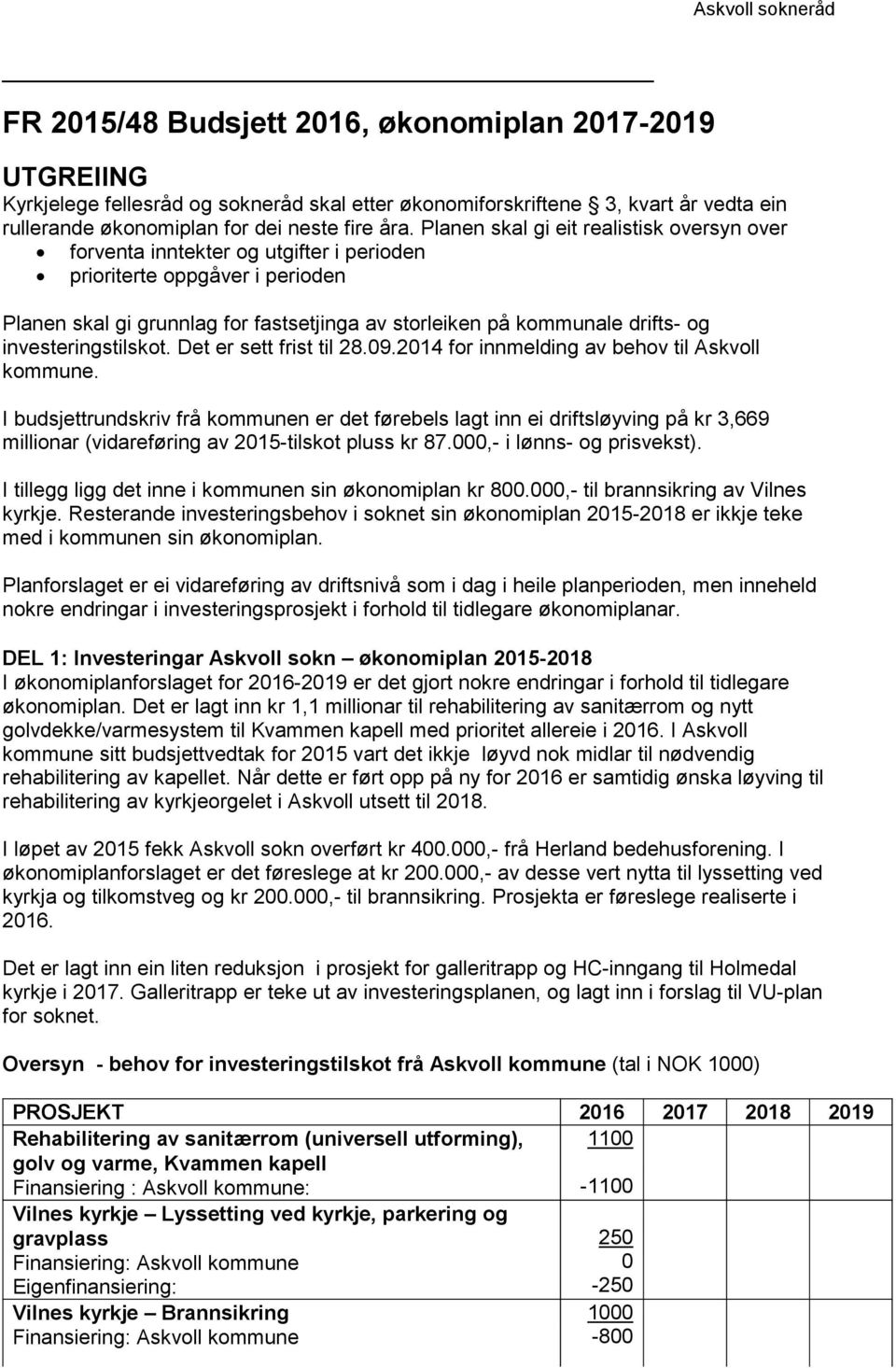 investeringstilskot. Det er sett frist til 28.09.2014 for innmelding av behov til Askvoll kommune.