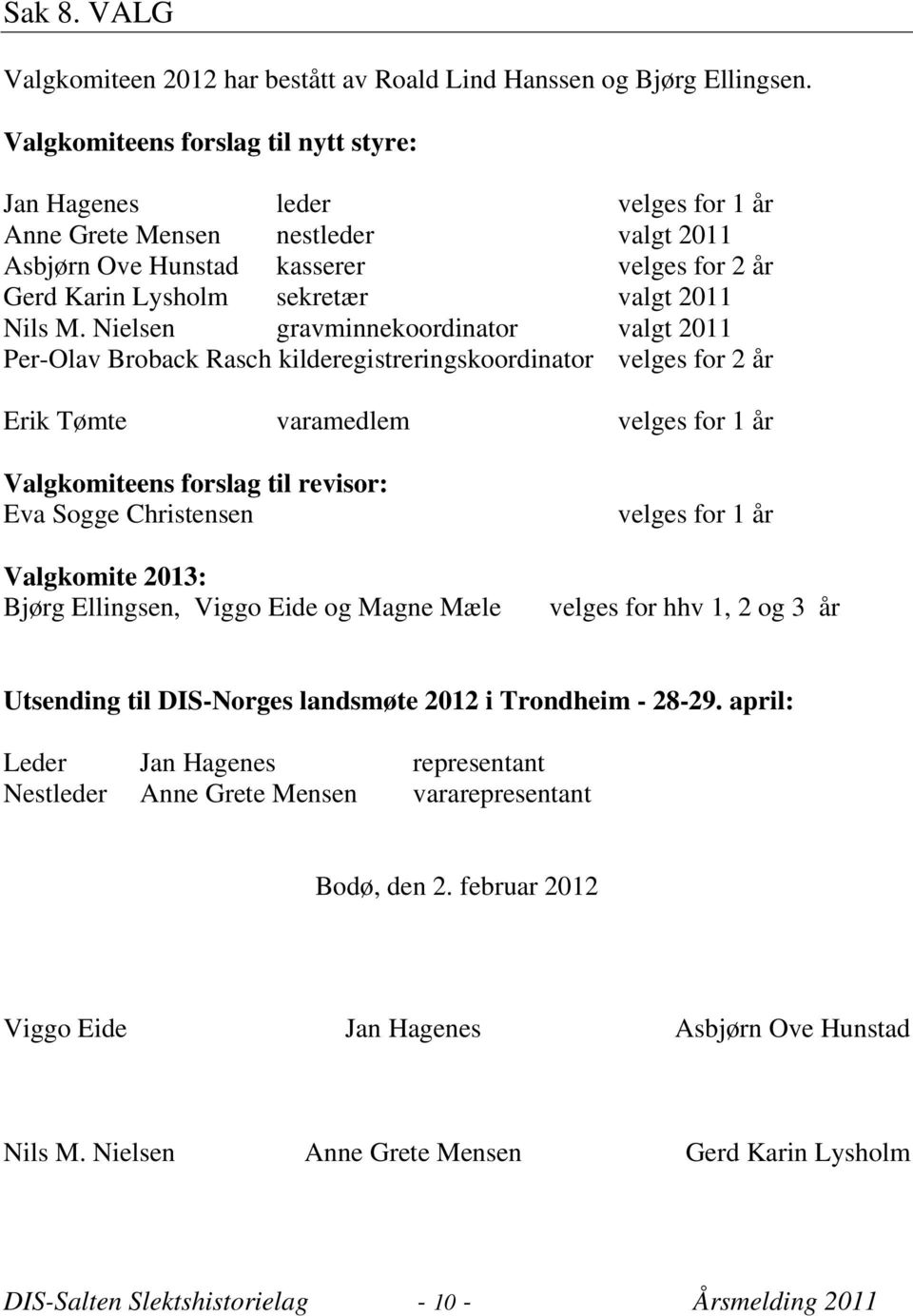 M. Nielsen gravminnekoordinator valgt 2011 Per-Olav Broback Rasch kilderegistreringskoordinator velges for 2 år Erik Tømte varamedlem velges for 1 år Valgkomiteens forslag til revisor: Eva Sogge