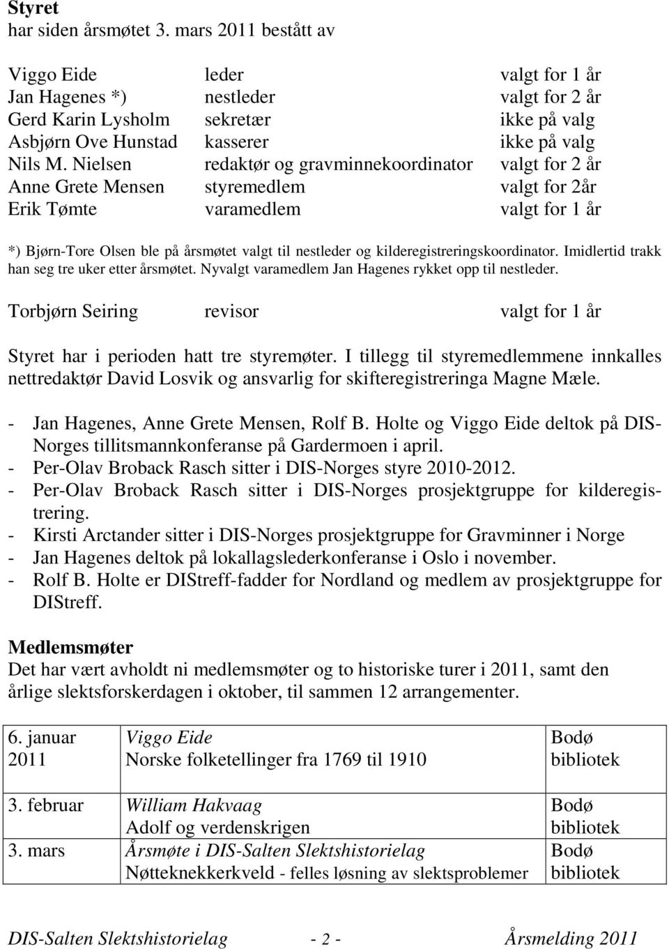 Nielsen redaktør og gravminnekoordinator valgt for 2 år Anne Grete Mensen styremedlem valgt for 2år Erik Tømte varamedlem valgt for 1 år *) Bjørn-Tore Olsen ble på årsmøtet valgt til nestleder og