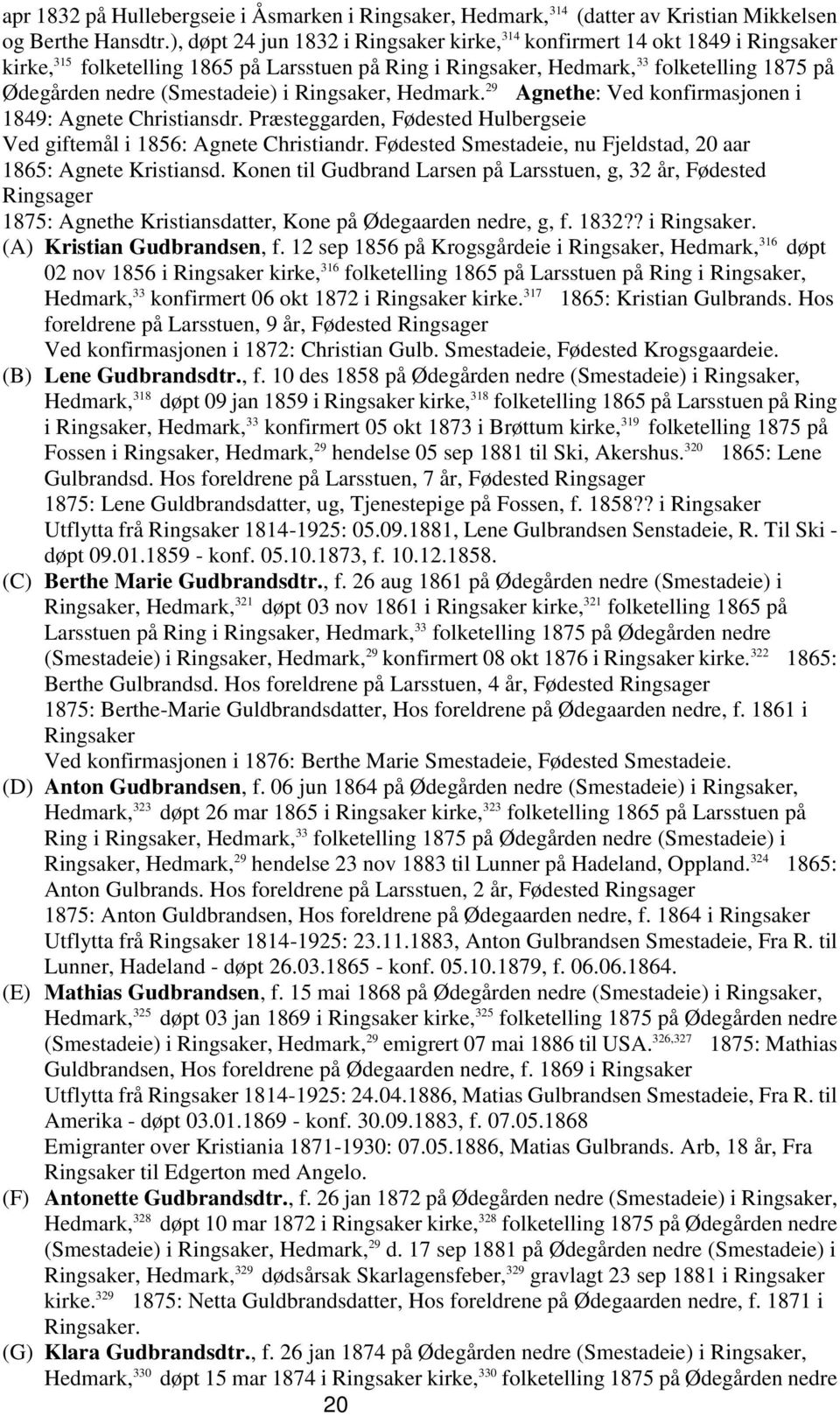 (Smestadeie) i Ringsaker, Hedmark. 29 Agnethe: Ved konfirmasjonen i 1849: Agnete Christiansdr. Præsteggarden, Fødested Hulbergseie Ved giftemål i 1856: Agnete Christiandr.