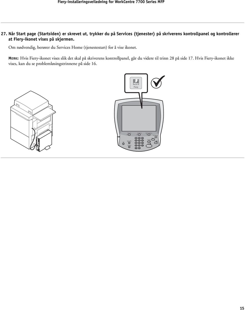 MERK: Hvis Fiery-ikonet vises slik det skal på skriverens kontrollpanel, går du videre til trinn 28 på side 17.