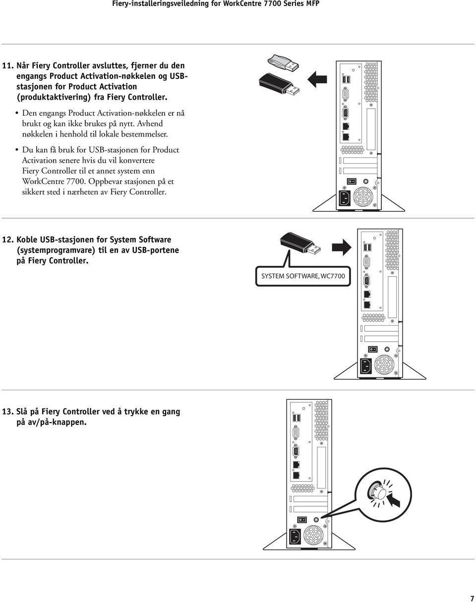 Du kan få bruk for USB-stasjonen for Product Activation senere hvis du vil konvertere Fiery Controller til et annet system enn WorkCentre 7700.