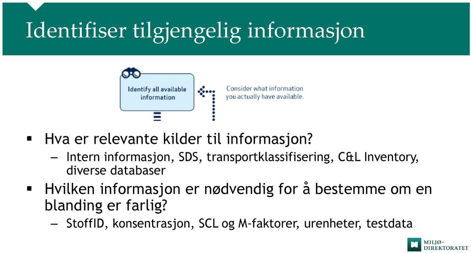 Intern informasjon, SDS, transportklassifisering, C&L Inventory, diverse