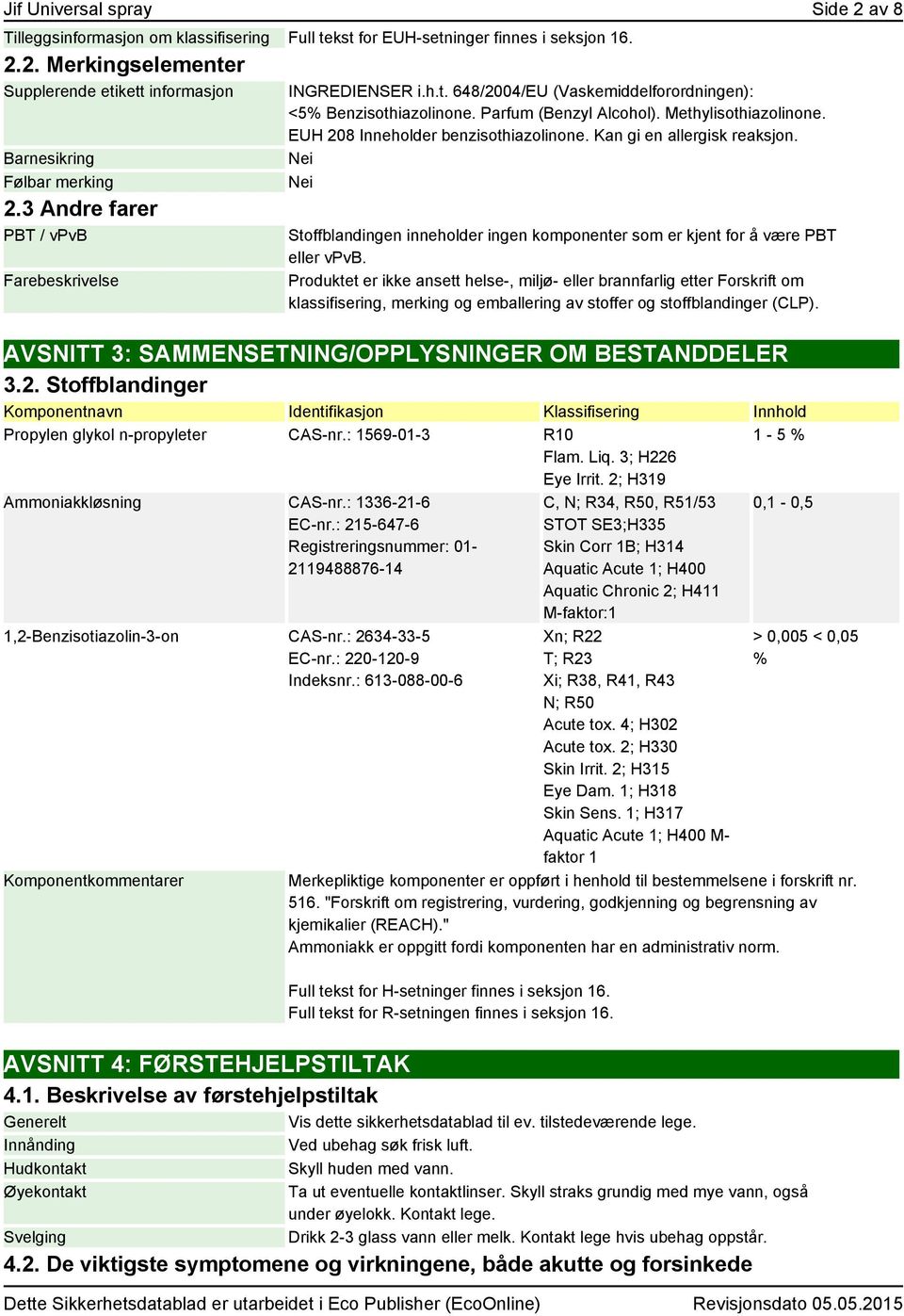 EUH 208 Inneholder benzisothiazolinone. Kan gi en allergisk reaksjon. Stoffblandingen inneholder ingen komponenter som er kjent for å være PBT eller vpvb.