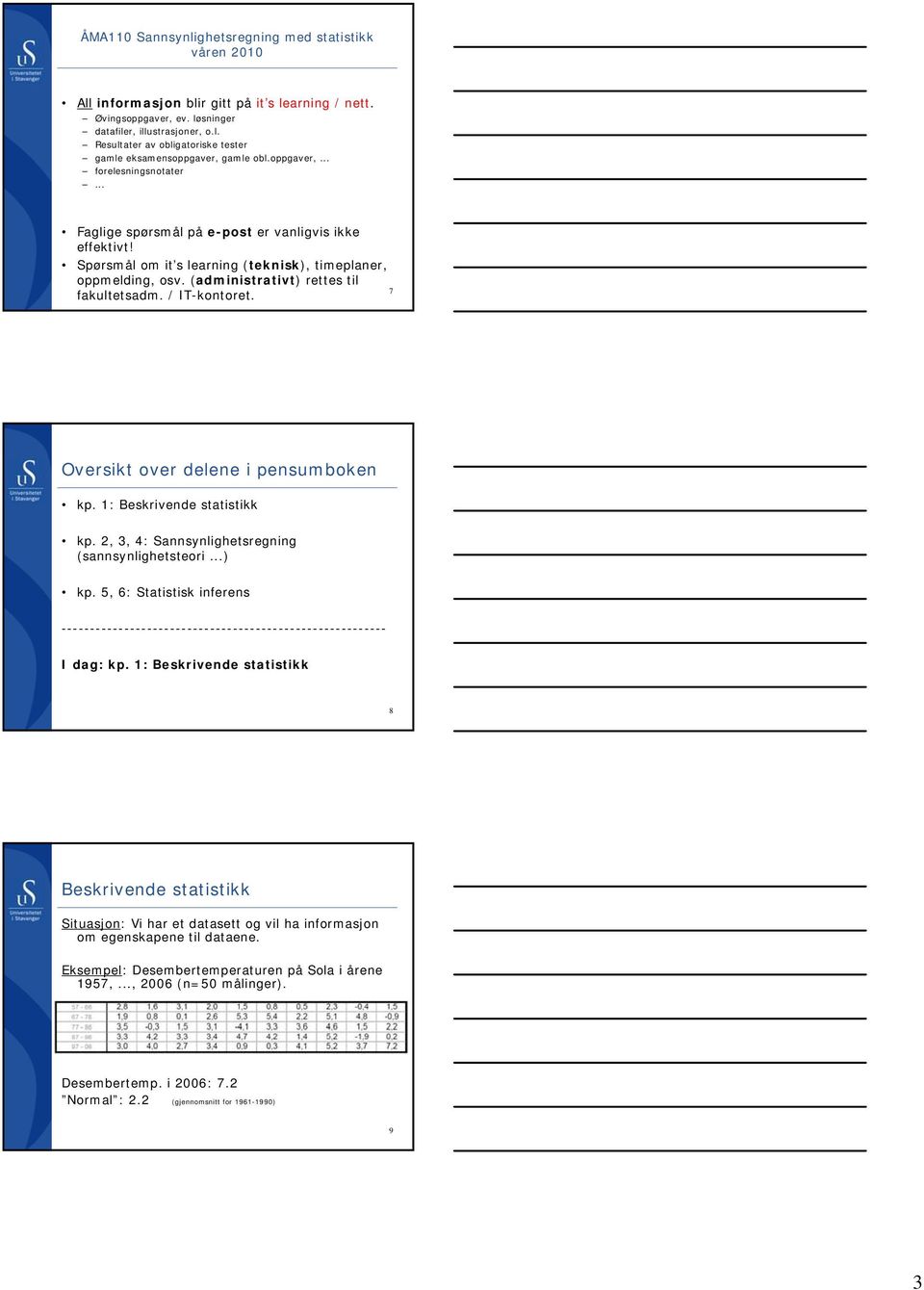 (administrativt) rettes til 7 fakultetsadm. / IT-kontoret. Oversikt over delene i pensumboken kp. : kp., 3, 4: Sannsynlighetsregning (sannsynlighetsteori...) kp.