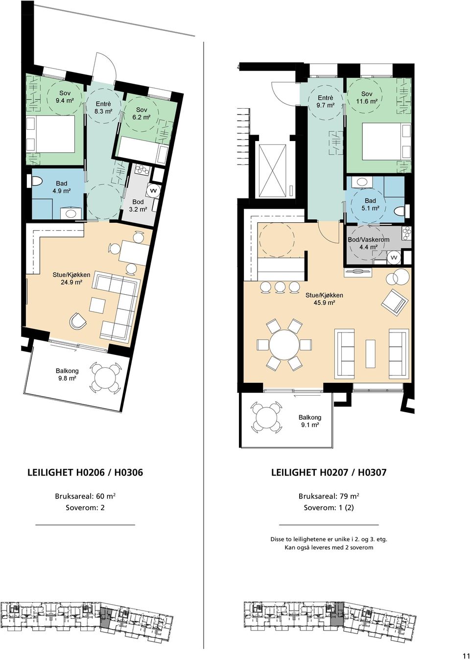 H 0207 & H 0307: BRA 79 m2 P-rom 74 m2 Bruksareal: 79 m 2 erom: 1 (2) Disse to leilighetene er unike i 2. og 3. etg. Kan også leveres med 2 soverom 45.