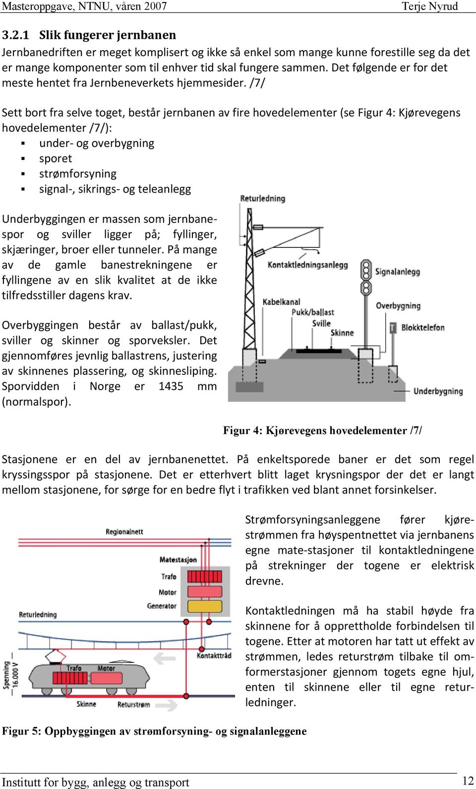 /7/ Sett bort fra selve toget, består jernbanen av fire hovedelementer (se Figur 4: Kjørevegens hovedelementer /7/): under og overbygning sporet strømforsyning signal, sikrings og teleanlegg