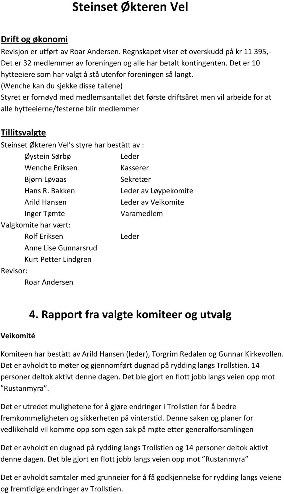 (Wenche kan du sjekke disse tallene) Styret er fornøyd med medlemsantallet det første driftsåret men vil arbeide for at alle hytteeierne/festerne blir medlemmer Tillitsvalgte Steinset Økteren Vel s