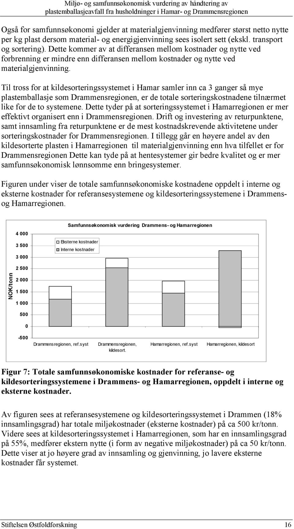 Til tross for at kildesorteringssystemet i Hamar samler inn ca 3 ganger så mye plastemballasje som Drammensregionen, er de totale sorteringskostnadene tilnærmet like for de to systemene.