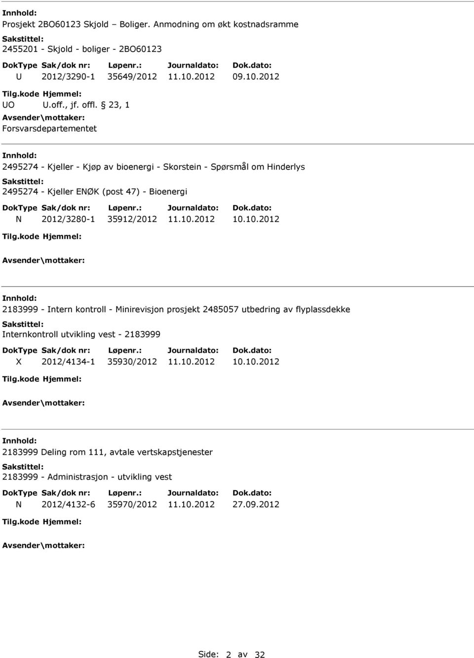 2012/3280-1 35912/2012 2183999 - ntern kontroll - Minirevisjon prosjekt 2485057 utbedring av flyplassdekke nternkontroll utvikling vest - 2183999 X