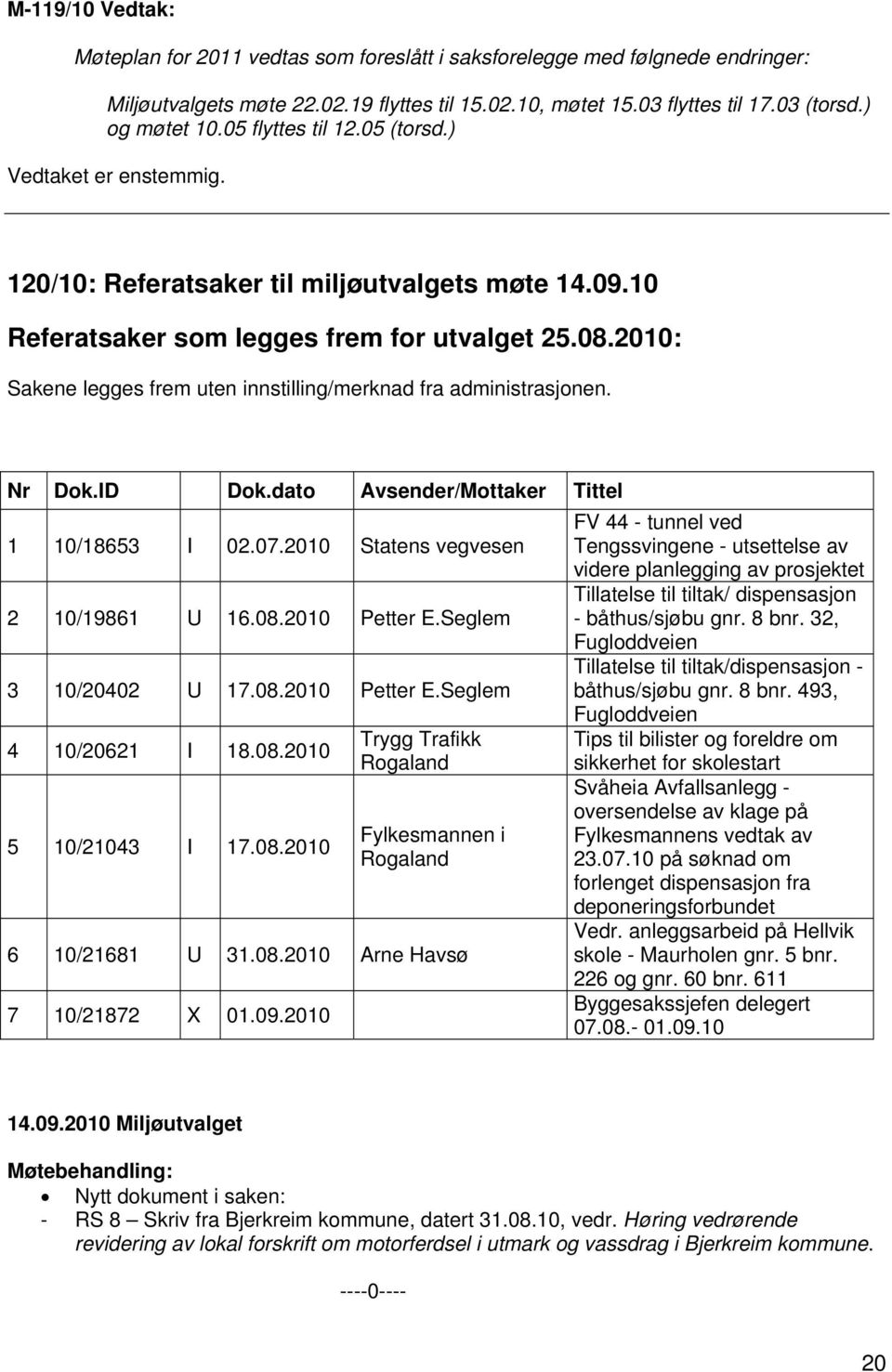 2010: Sakene legges frem uten innstilling/merknad fra administrasjonen. Nr Dok.ID Dok.dato Avsender/Mottaker Tittel 1 10/18653 I 02.07.2010 Statens vegvesen 2 10/19861 U 16.08.2010 Petter E.