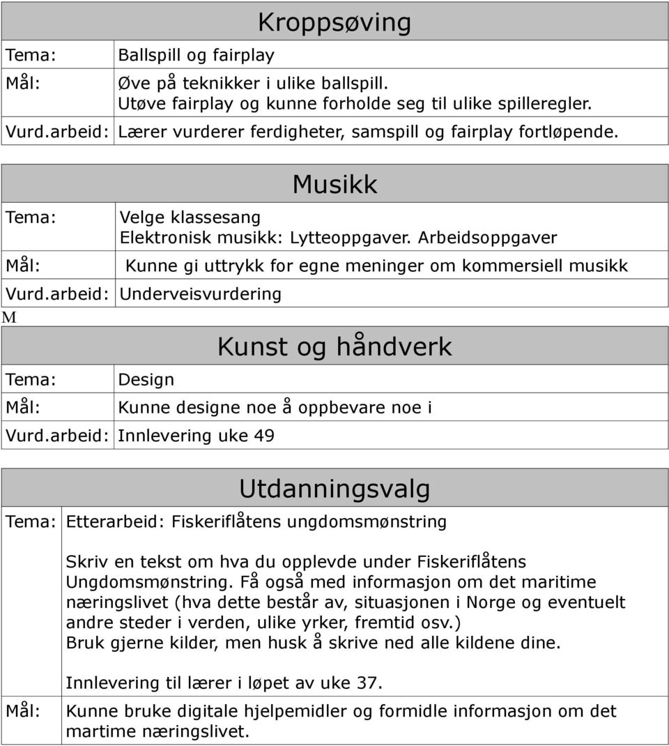 Arbeidsoppgaver Kunne gi uttrykk for egne meninger om kommersiell musikk Vurd.arbeid: Underveisvurdering M Kunst og håndverk Tema: Design Kunne designe noe å oppbevare noe i Vurd.