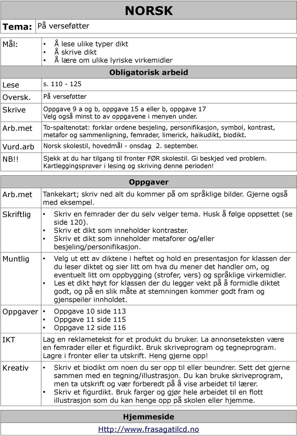 ! To-spaltenotat: forklar ordene besjeling, personifikasjon, symbol, kontrast, metafor og sammenligning, femrader, limerick, haikudikt, biodikt. Norsk skolestil, hovedmål - onsdag 2. september.