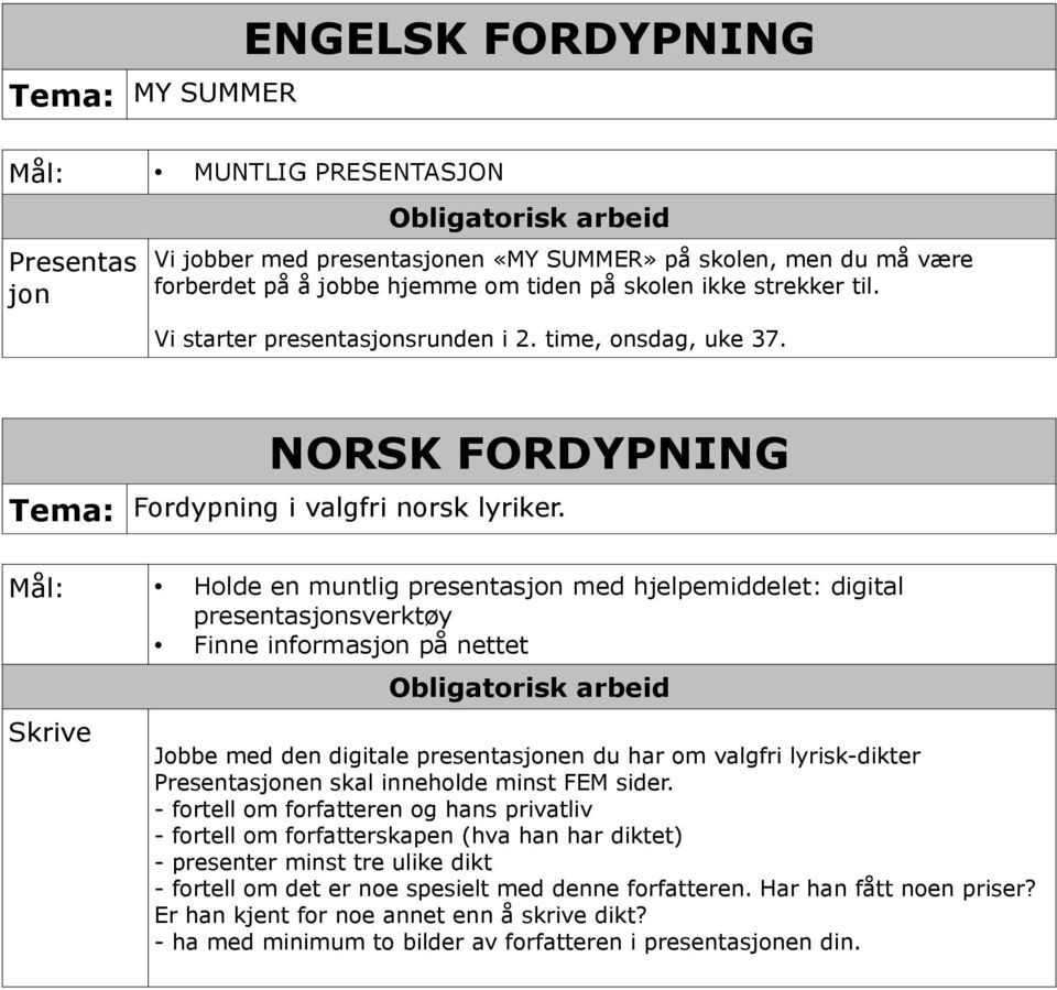 Holde en muntlig presentasjon med hjelpemiddelet: digital presentasjonsverktøy Finne informasjon på nettet Skrive Jobbe med den digitale presentasjonen du har om valgfri lyrisk-dikter Presentasjonen