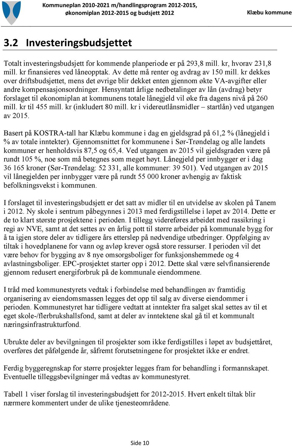 Hensyntatt årlige nedbetalinger av lån (avdrag) betyr forslaget til økonomiplan at kommunens totale lånegjeld vil øke fra dagens nivå på 260 mill. kr til 455 mill. kr (inkludert 80 mill.