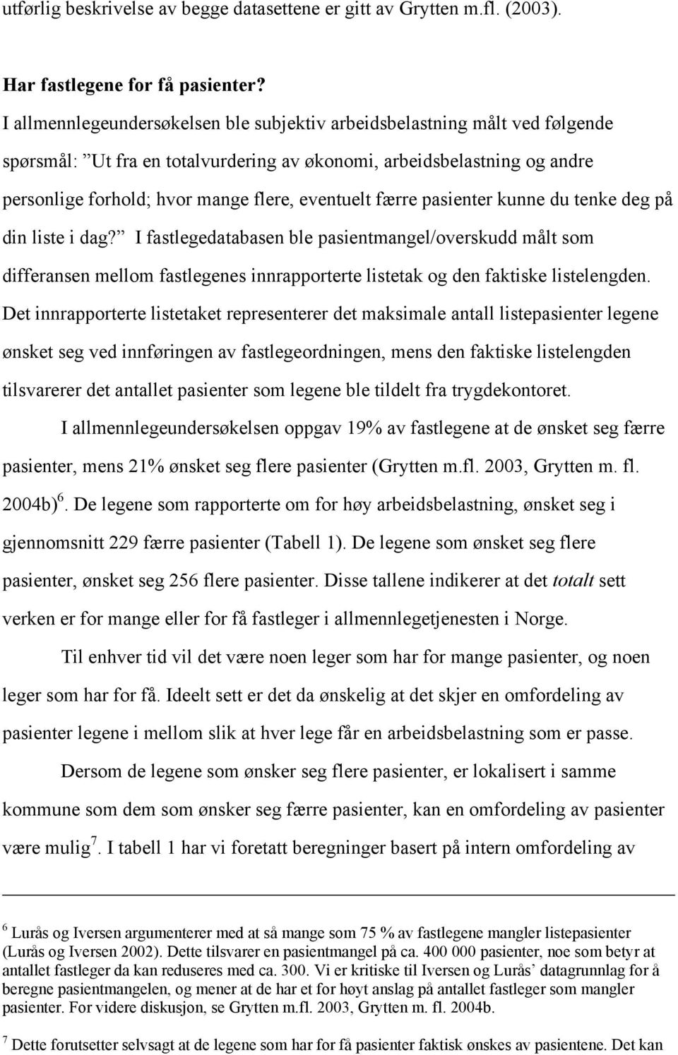 færre pasienter kunne du tenke deg på din liste i dag? I fastlegedatabasen ble pasientmangel/overskudd målt som differansen mellom fastlegenes innrapporterte listetak og den faktiske listelengden.