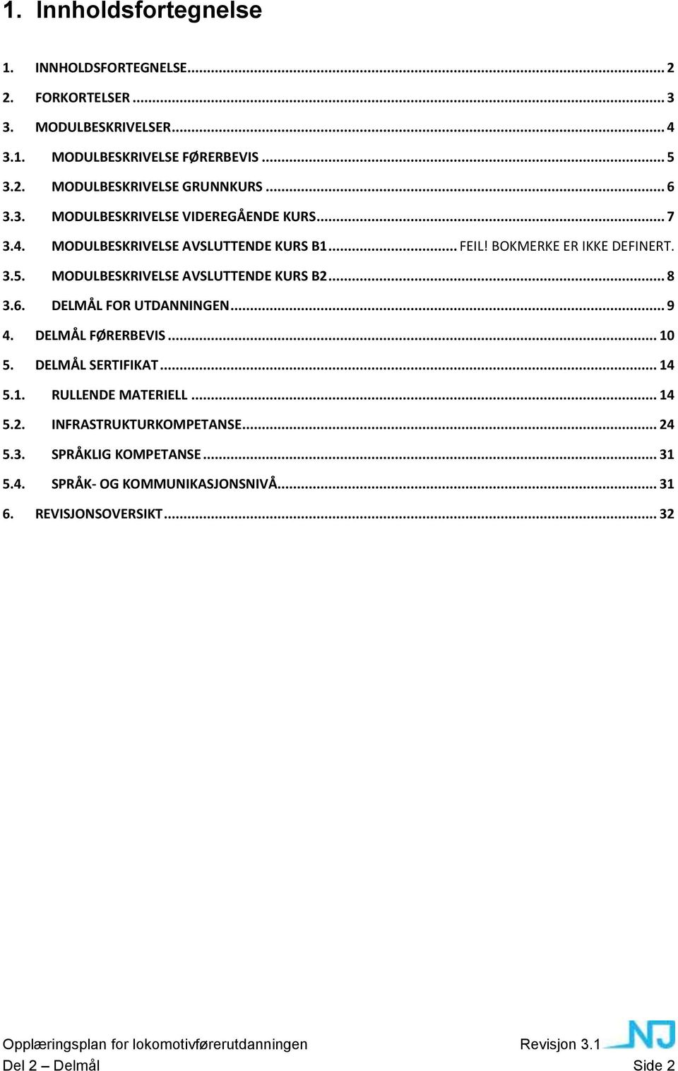 MODULBESKRIVELSE AVSLUTTENDE KURS B2... 8 3.6. DELMÅL FOR UTDANNINGEN... 9 4. DELMÅL FØRERBEVIS... 10 5. DELMÅL SERTIFIKAT... 14 5.1. RULLENDE MATERIELL.