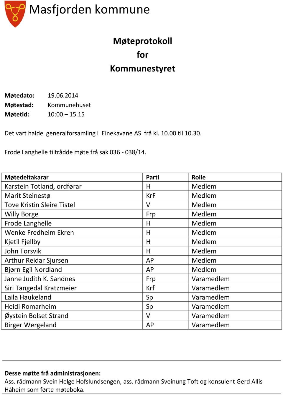 Møtedeltakarar Parti Rolle Karstein Totland, ordførar H Medlem Marit Steinestø KrF Medlem Tove Kristin Sleire Tistel V Medlem Willy Borge Frp Medlem Frode Langhelle H Medlem Wenke Fredheim Ekren H