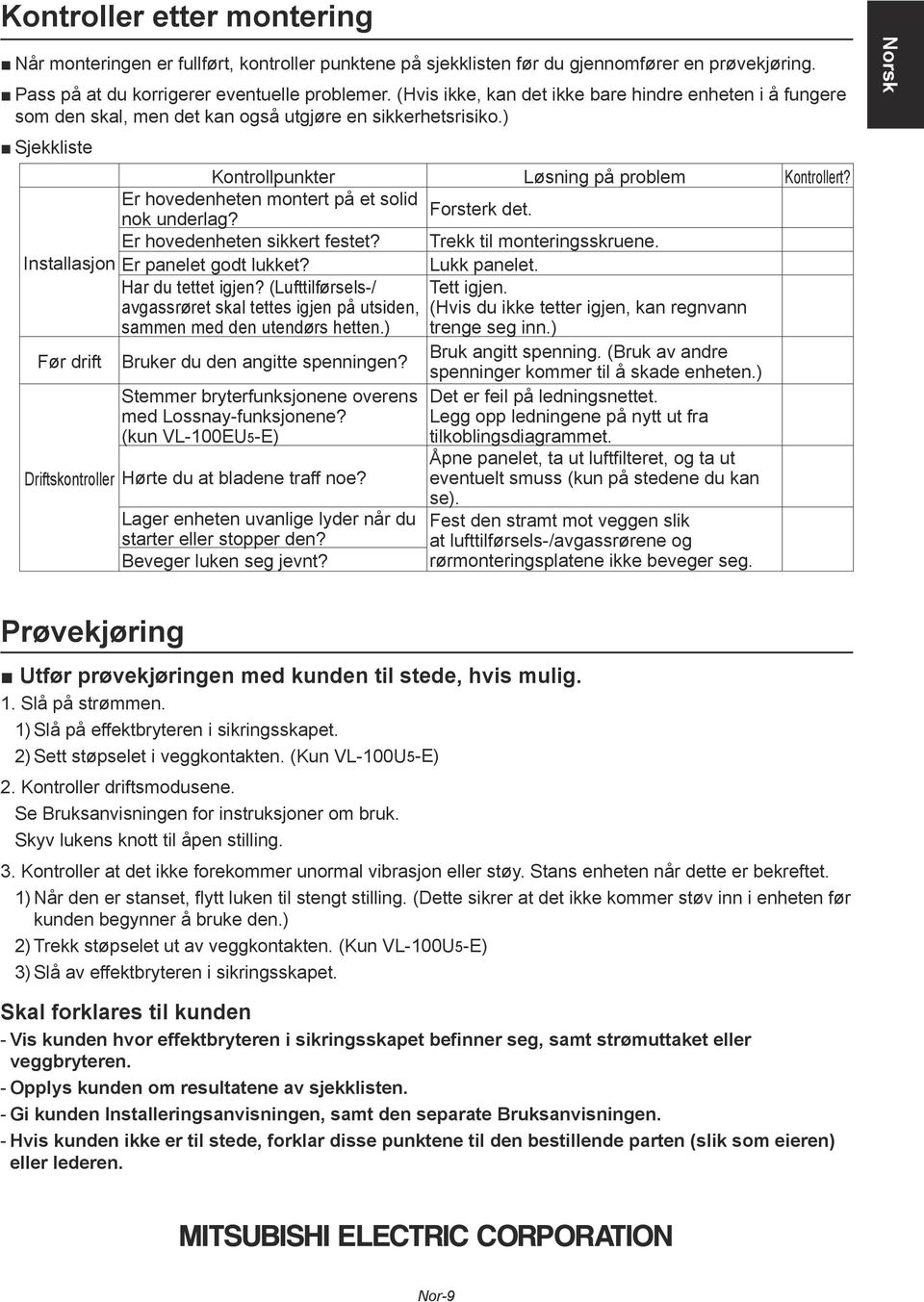 Er hovedenheten montert på et solid Forsterk det. nok underlag? Er hovedenheten sikkert festet? Trekk til monteringsskruene. Installasjon Er panelet godt lukket? Lukk panelet. Har du tettet igjen?