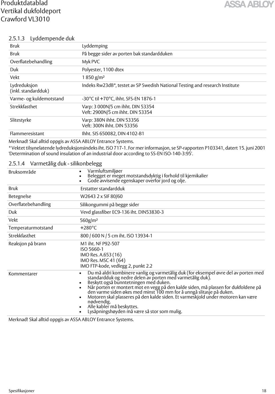 Swedish National Testing and research Institute (inkl. standardduk) Varme- og kuldemotstand -30 C til +70 C, ihht. SFS-EN 1876-1 Strekkfasthet Varp: 3 000N/5 cm ihht. DIN 53354 Veft: 2900N/5 cm ihht.