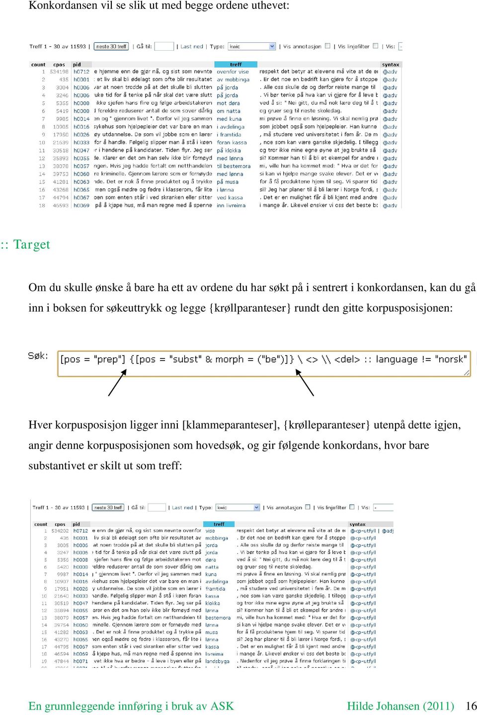 korpusposisjon ligger inni [klammeparanteser], {krølleparanteser} utenpå dette igjen, angir denne korpusposisjonen som hovedsøk,