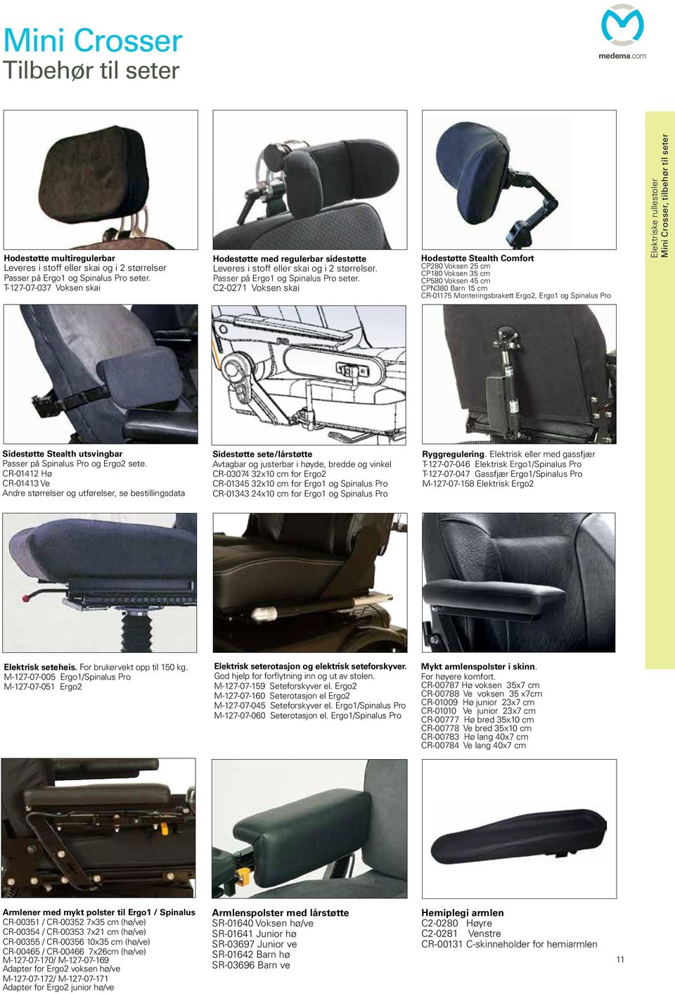 C2-0271 Voksen skai Hodestøtte Stealth Comfort CP280 Voksen 25 cm CP180 Voksen 35 cm CP580 Voksen 45 cm CPN380 Barn 15 cm CR-01175 Monteringsbrakett Ergo2, Ergo1 og Spinalus Pro Mini Crosser,