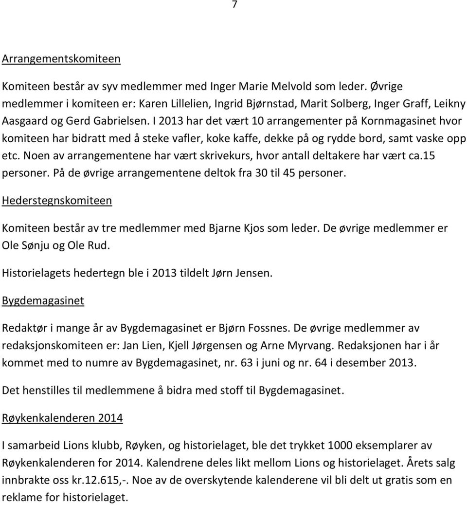 I 2013 har det vært 10 arrangementer på Kornmagasinet hvor komiteen har bidratt med å steke vafler, koke kaffe, dekke på og rydde bord, samt vaske opp etc.