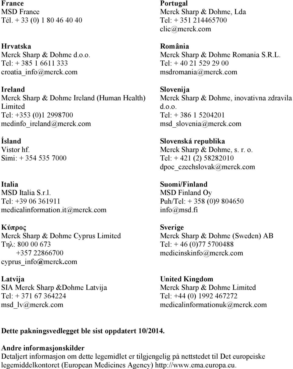 it@merck.com Κύπρος Merck Sharp & Dohme Cyprus Limited Τηλ: 800 00 673 +357 22866700 cyprus_info@merck.com Latvija SIA Merck Sharp &Dohme Latvija Tel: + 371 67 364224 msd_lv@merck.